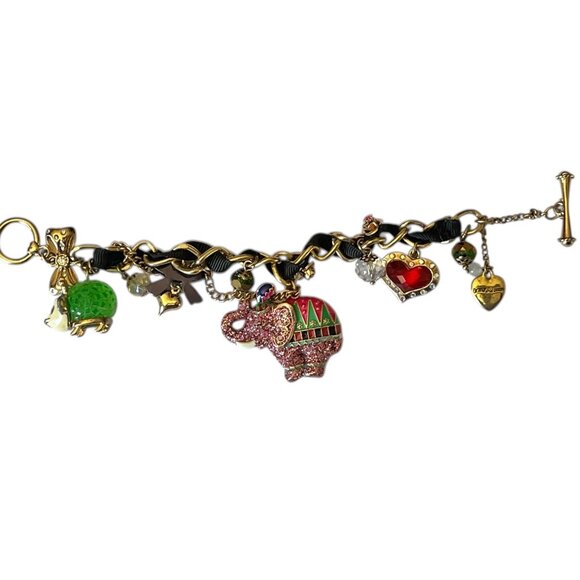Betsey Johnson Charm Bracelet 7" Gold-Tone & Ribbon Elephant Mouse Heart - Picture 1 of 11